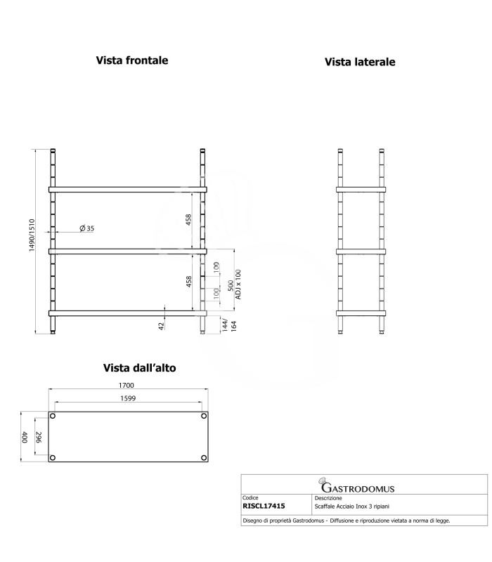 Edelstahlregal (B 1700 mm x T 400 mm x H 1500 mm), 4 Ablagen