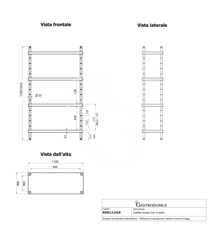 Edelstahlregal (1100 mm x T 400 mm x H 1800 mm), 4 Ablagen