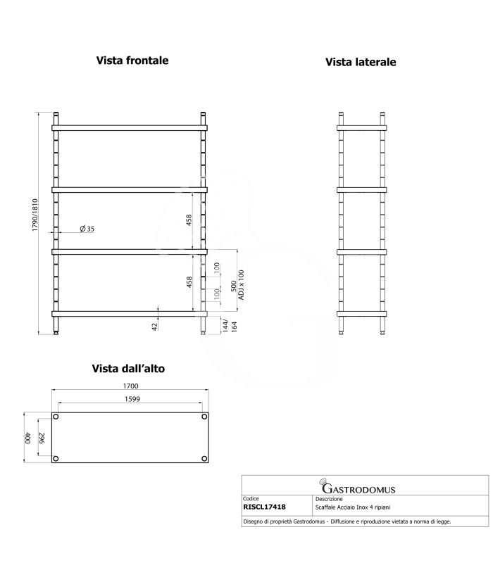 Edelstahlregal (1700 mm x T 400 mm x H 1800 mm), 4 Ablagen
