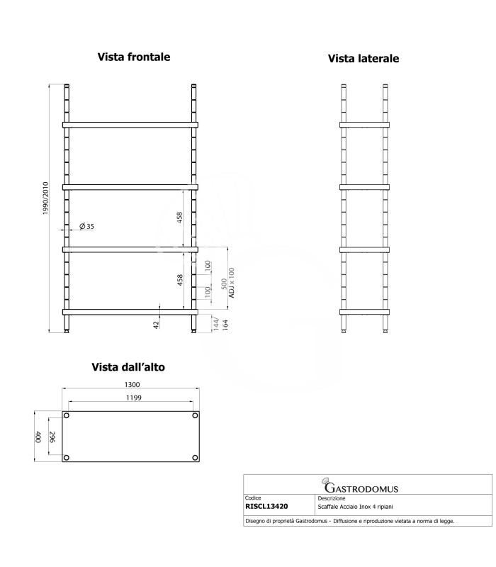 Edelstahlregal (1300 mm x T 400 mm x H 2000 mm), 4 Ablagen