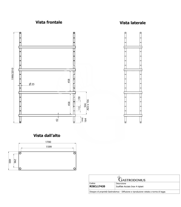 Edelstahlregal (1700 mm x T 400 mm x H 2000 mm), 4 Ablagen