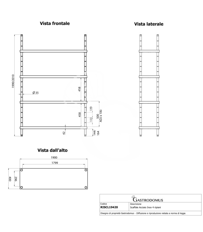 Edelstahlregal (1900 mm x T 400 mm x H 2000 mm), 4 Ablagen