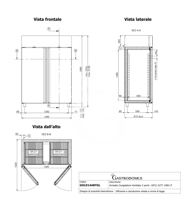 Tiefkühlschrank (1400 Liter), Umluftkühlung, 2 Glastüren, -18°C/-22°C, B 1460 x T 825 x H 2100 mm