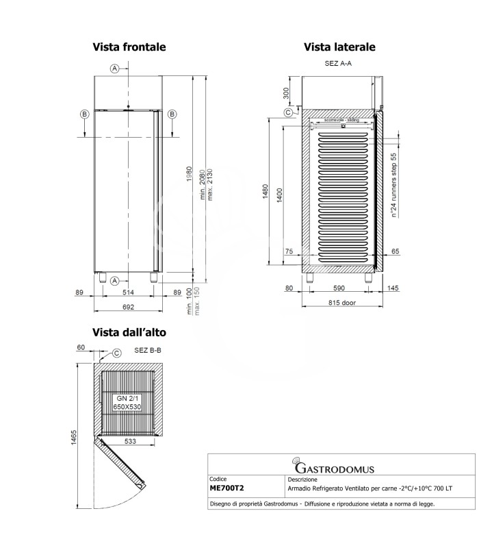 Fleischkühlschrank (700 L), Umluftkühlung, -2°C/+10°C, Energieklasse G