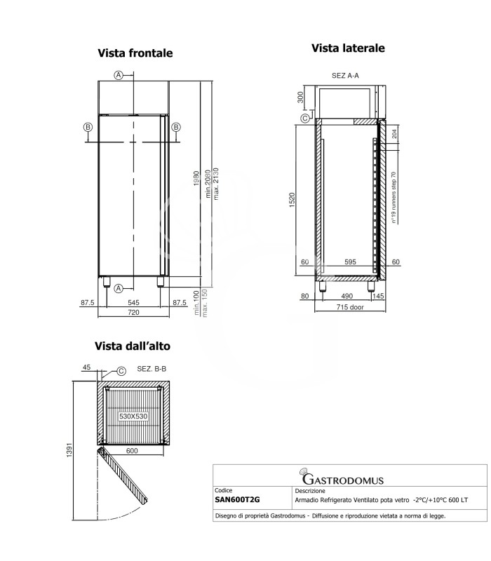 Kühlschrank (600 Liter), Edelstahl, Glastür, Umluftkühlung, Temperatur -2°C /+10°C
