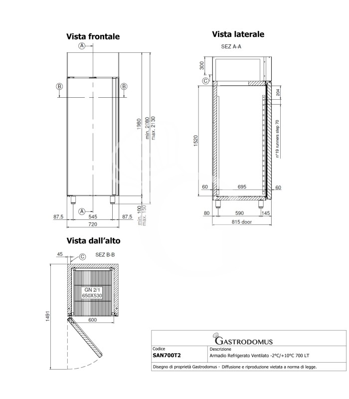 Kühlschrank (700 Liter), Edelstahl, Umluftkühlung, Temperatur -2°C /+10°C, Energieklasse G