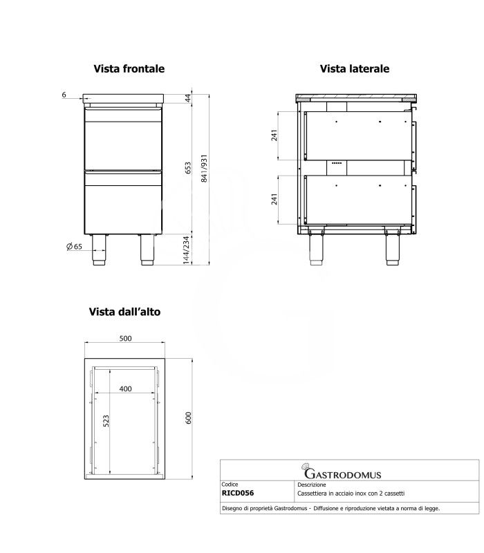 Schrank, Edelstahl, 2 Schubladen, B 500 X T 600 X H 850 mm