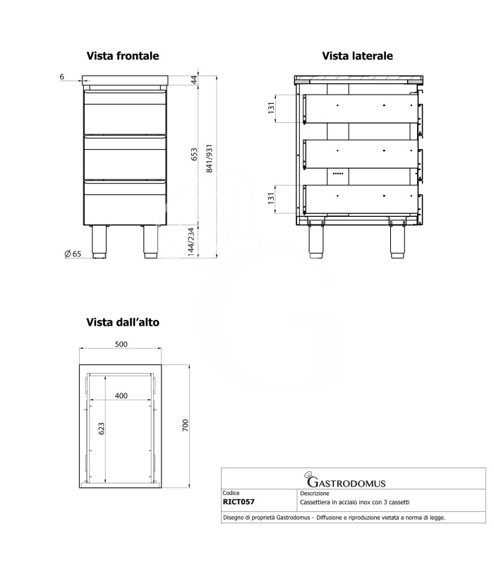 Schrank, Edelstahl, 3 Schubladen, B 500 X T 700 X H 850 mm