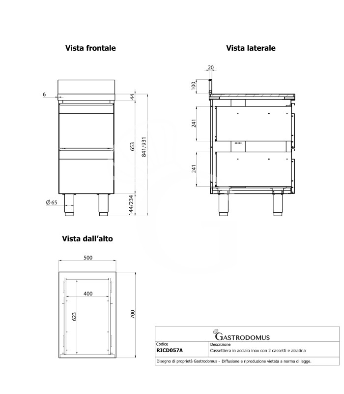 Schrank, Edelstahl, 2 Schubladen, Aufkantung, B 500 X T 700 X H 950 mm