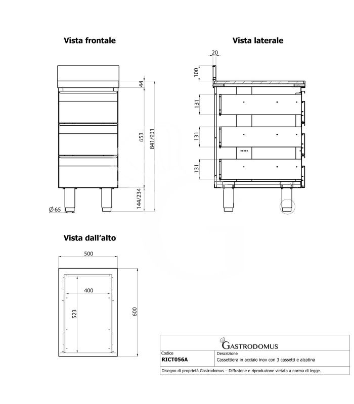 Schubladenschrank, Edelstahl, 3 Schubladen, Aufkantung, B 500 X T 600 X H 950 mm