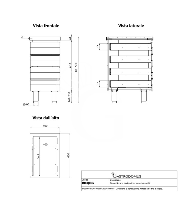 Schubladenschrank, Edelstahl, 4 Schubladen, B 500 X T 600 X H 850 mm