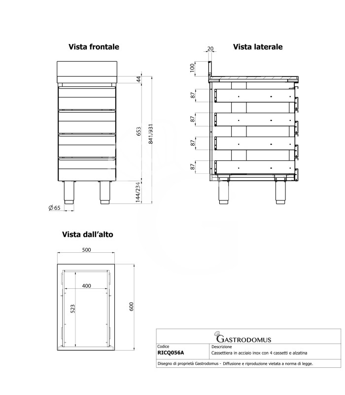 Schubladenschrank, Edelstahl, 4 Schubladen, Aufkantung, B 500 X T 600 X H 950 mm