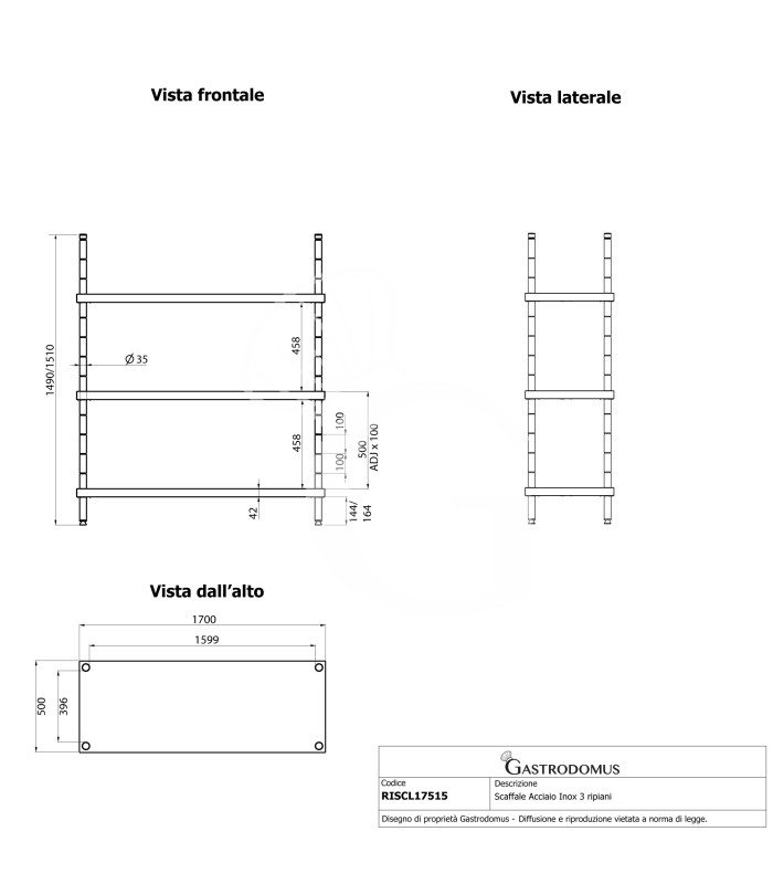Edelstahlregal (1700 mm x T 500 mm x H 1500 mm), 4 Ablagen