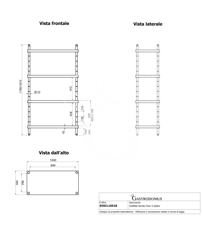 Edelstahlregal (1000 mm x T 500 mm x H 1800 mm), 4 Ablagen