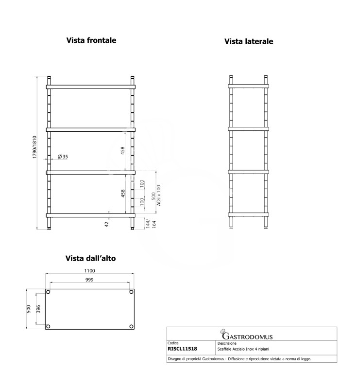 Edelstahlregal (1100 mm x T 500 mm x H 1800 mm), 4 Ablagen