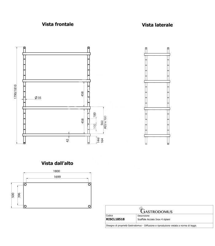 Edelstahlregal (1800 mm x T 500 mm x H 1800 mm), 4 Ablagen