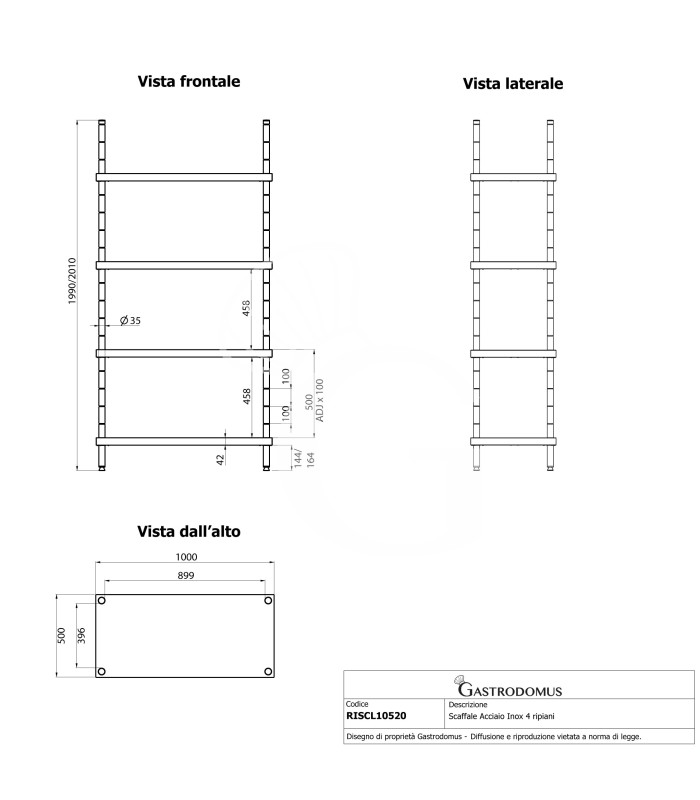 Edelstahlregal (1000 mm x T 500 mm x H 2000 mm), 4 Ablagen