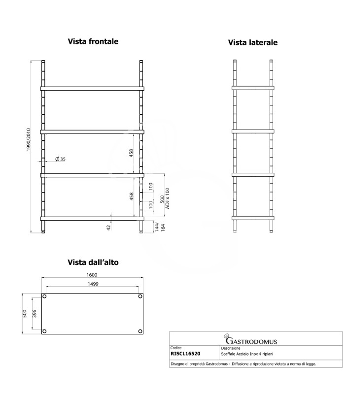 Edelstahlregal (1600 mm x T 500 mm x H 2000 mm), 4 Ablagen