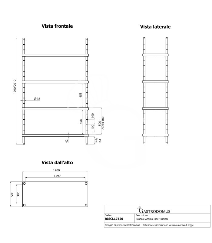Edelstahlregal (1700 mm x T 500 mm x H 2000 mm), 4 Ablagen