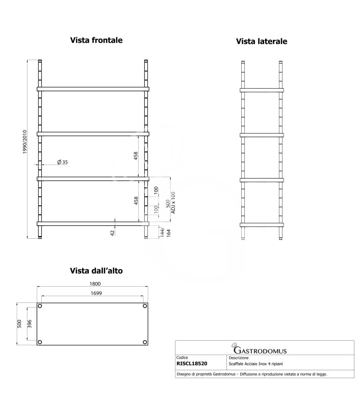 Edelstahlregal (1800 mm x T 500 mm x H 2000 mm), 4 Ablagen