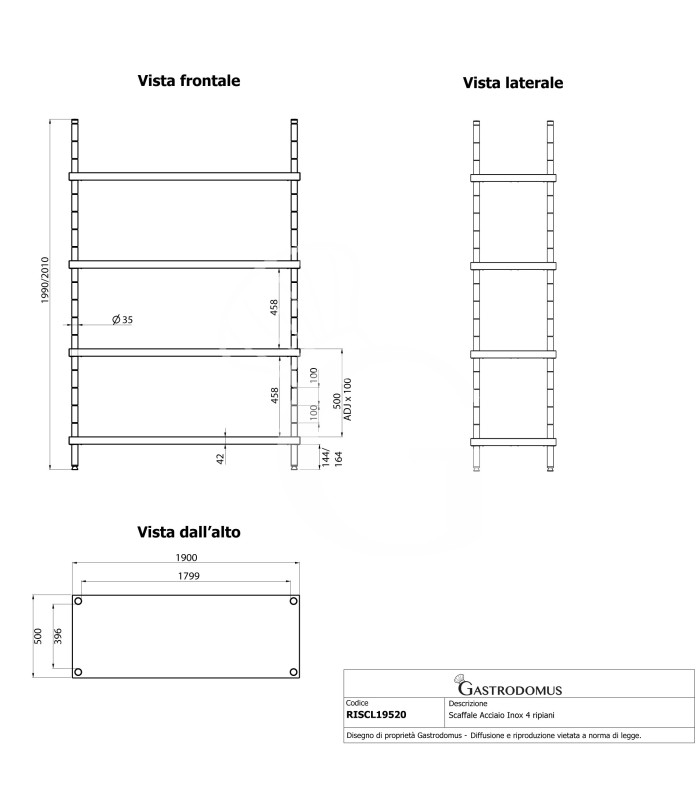 Edelstahlregal (1900 mm x T 500 mm x H 2000 mm), 4 Ablagen