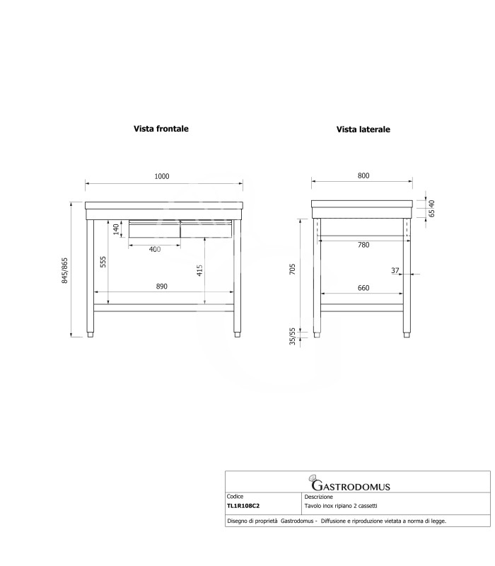 Edelstahltisch, Grundboden, 2 Schubladen, B 1000 mm X T 800 mm X H 865 mm