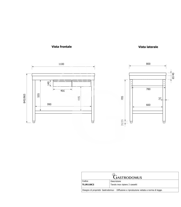 Edelstahltisch, Grundboden, 2 Schubladen, B 1100 mm X T 800 mm X H 865 mm