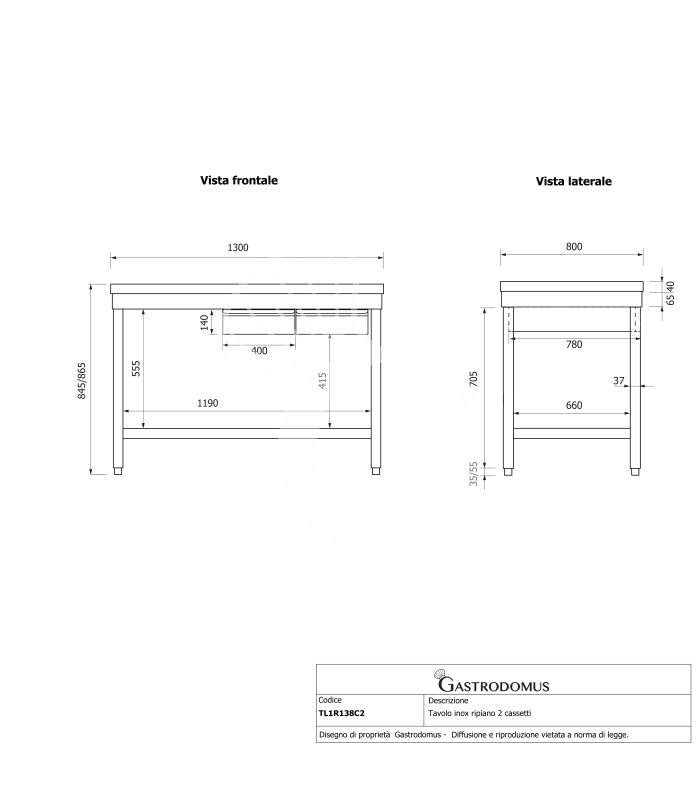 copy of Tavolo semplice in acciaio inox con piano, 2 cassetti e misure L 1200 mm x P 800 mm x H 850 mm