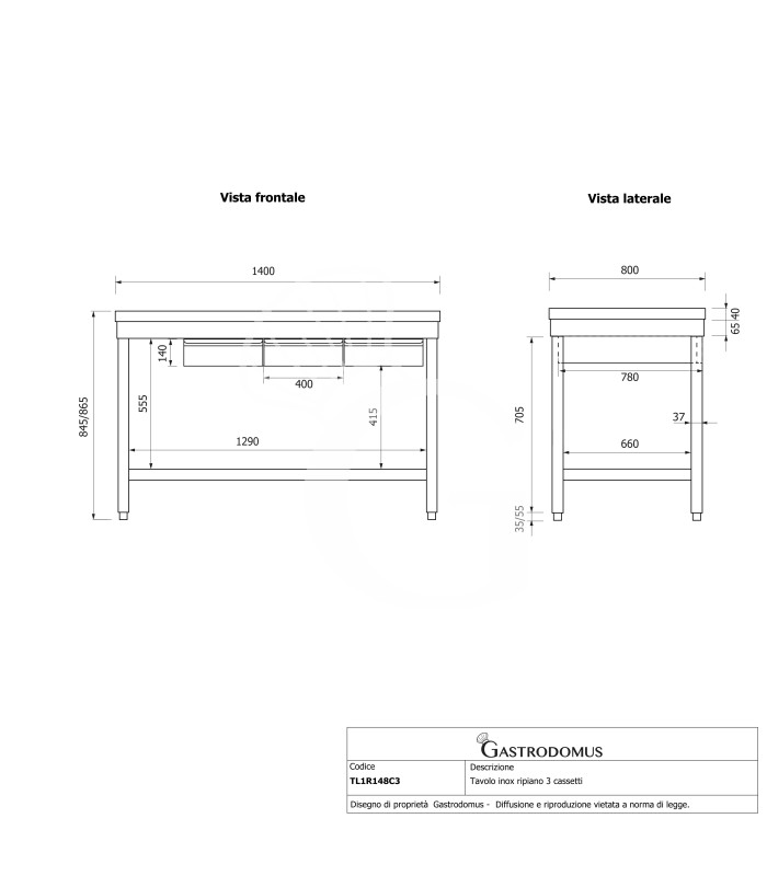 Edelstahltisch, Grundboden, 3 Schubladen, B 1400 mm X T 800 mm X H 865 mm