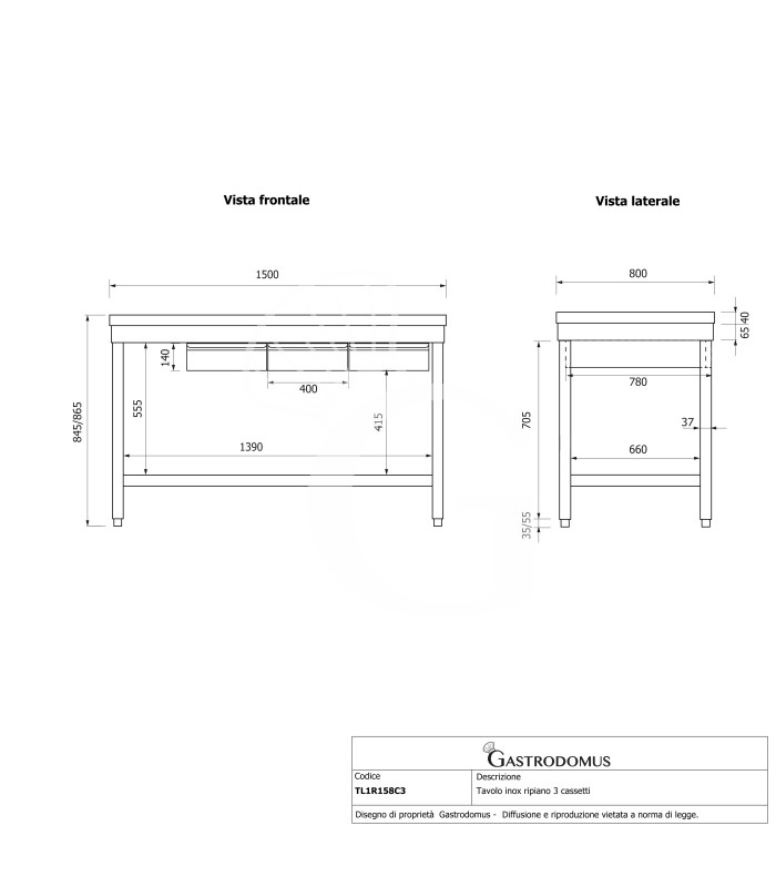 Edelstahltisch, Grundboden, 3 Schubladen, B 1500 mm X T 800 mm X H 865 mm