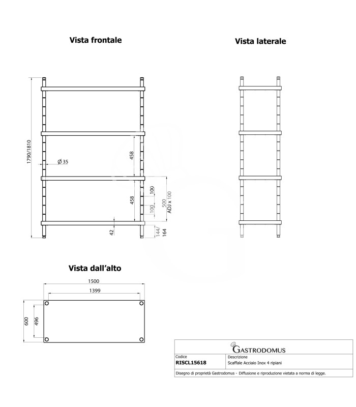 Edelstahlregal (1500 mm x T 600 mm x H 1800 mm), 4 Ablagen