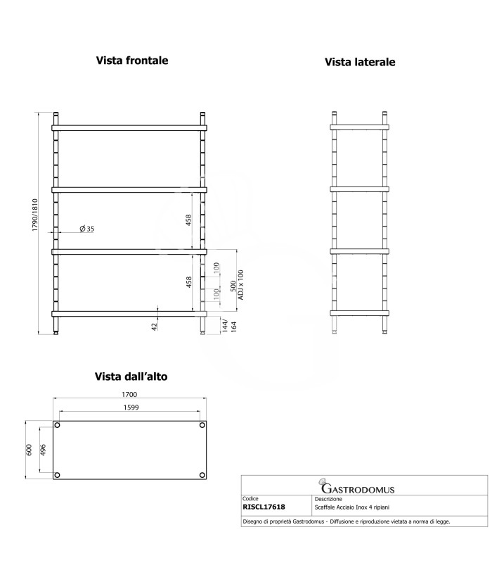 Edelstahlregal (1700 mm x T 600 mm x H 1800 mm), 4 Ablagen