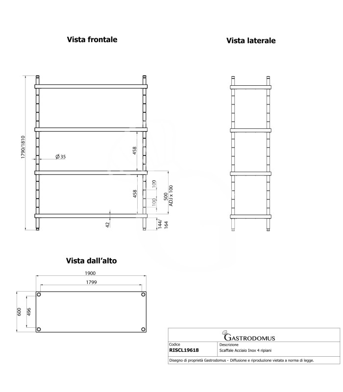 Edelstahlregal (1900 mm x T 600 mm x H 1800 mm), 4 Ablagen