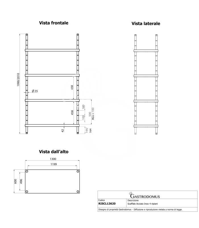 Edelstahlregal (1300 mm x T 600 mm x H 2000 mm), 4 Ablagen