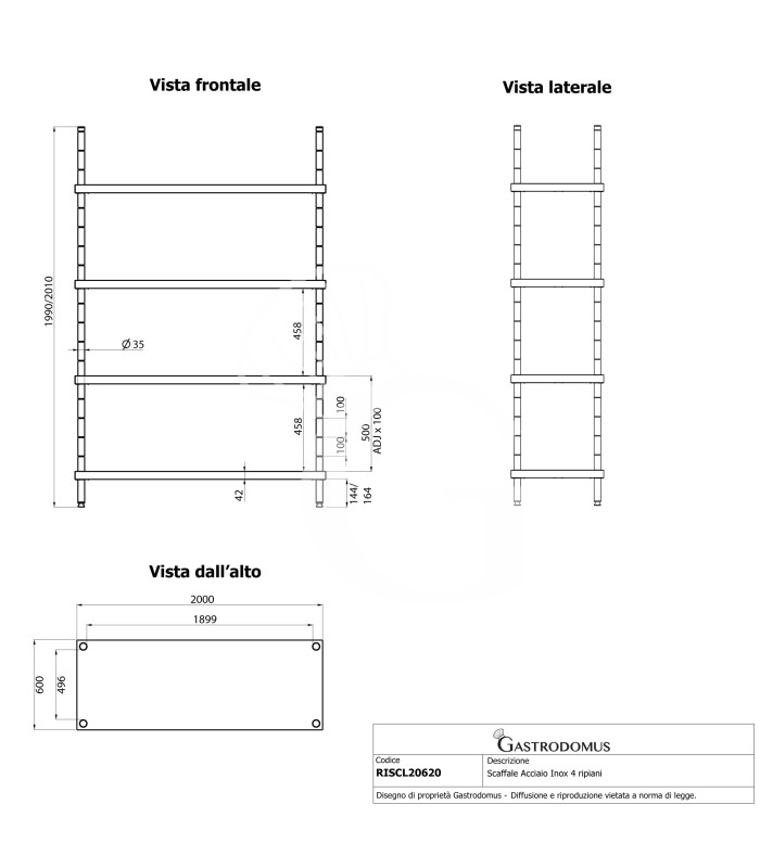 Edelstahlregal (2000 mm x T 600 mm x H 2000 mm), 4 Ablagen