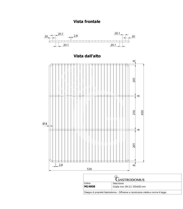 Tragrost aus Edelstahl GN2/1, 530 mm x 650 mm
