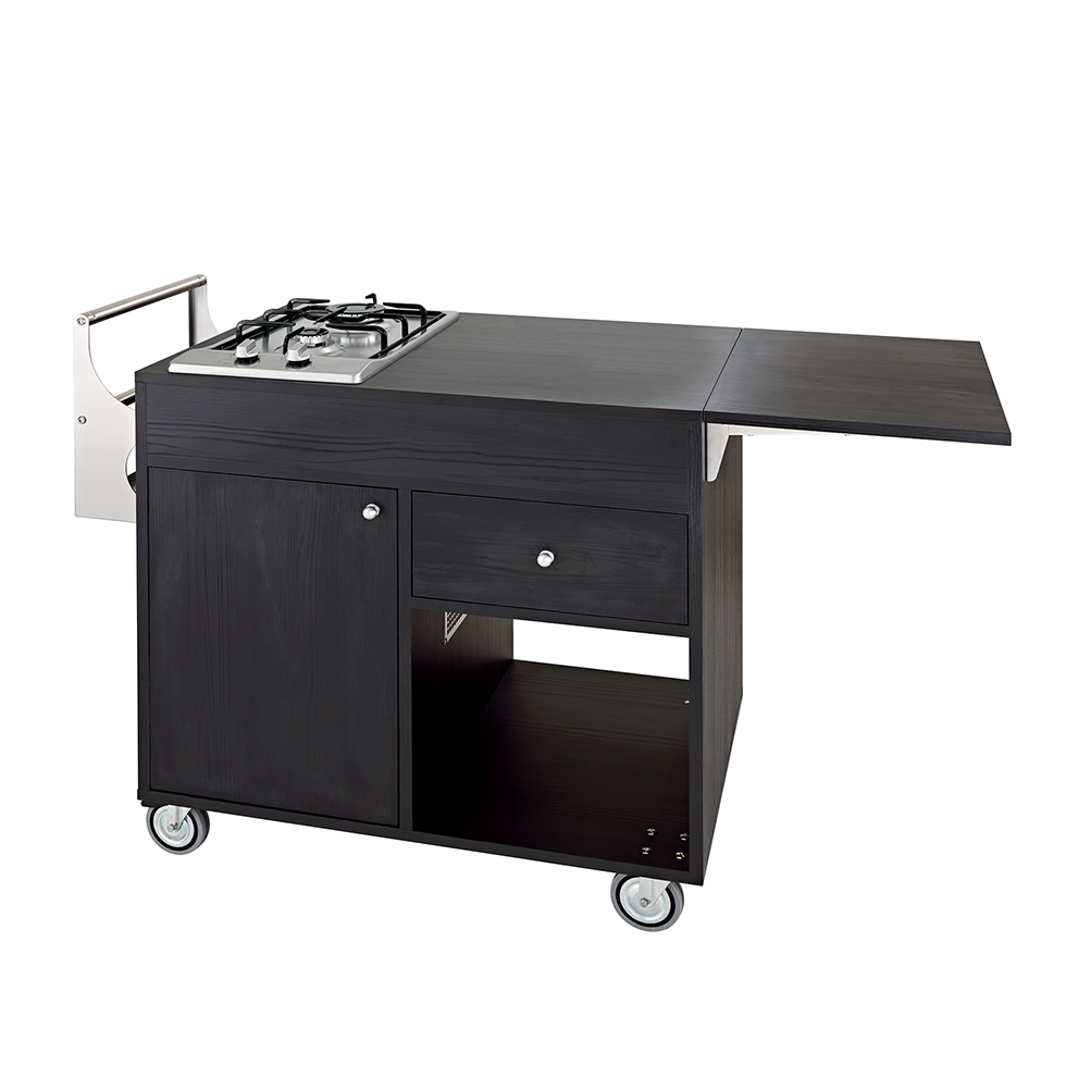 Flambierwagen, Melaminharzbeschchtetes Holz, 2 Kochstellen, B 1150 mm x T 550 mm x H 1080 mm