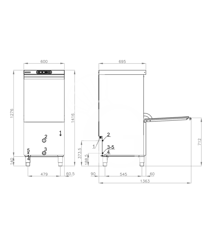 Industrielle Gerätespülmaschine, mechanisch, Nutzhöhe 470 mm, Korb (500x500 mm), geeignet für Backblech (600x400 mm)