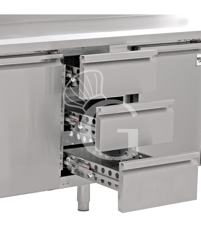 Kühltisch, 9 Schubladen, 1 Tür, T 700 mm, - 2° C/ + 8° C, Aufkantung, Motor auf der linken Seite