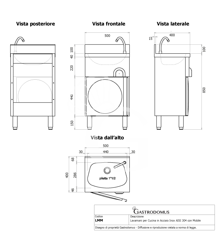 Handwaschbecken, Edelstahl, mit Unterschrank, Kniebedienung, Flügeltür, B 500 mm