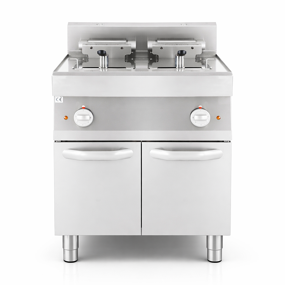 Profi Elektro-Fritteuse mit 2 Becken (2 x 10 Liter) und Schrank, Standgerät, Leistung 15 kW – dreiphasig