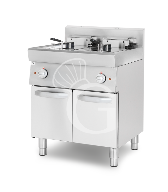 Profi Elektro-Fritteuse mit 2 Becken (2 x 10 Liter) und Schrank, Standgerät, Leistung 15 kW – dreiphasig