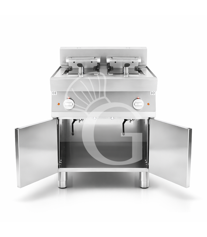 Profi Elektro-Fritteuse mit 2 Becken (2 x 10 Liter) und Schrank, Standgerät, Leistung 15 kW – dreiphasig