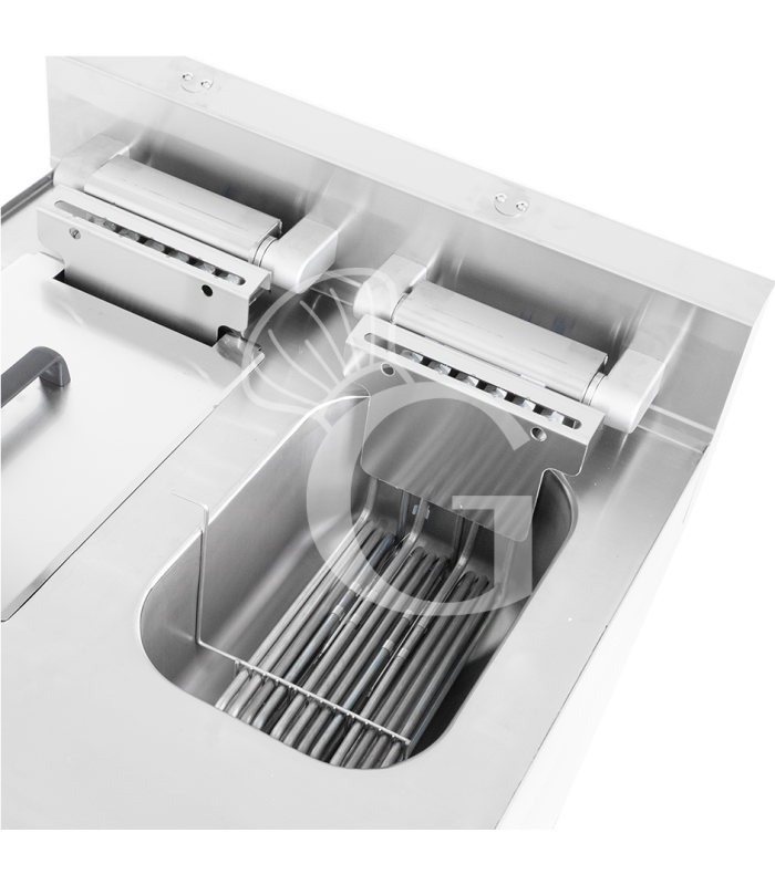 Profi Elektro-Fritteuse mit 2 Becken (2 x 10 Liter) und Schrank, Standgerät, Leistung 15 kW – dreiphasig