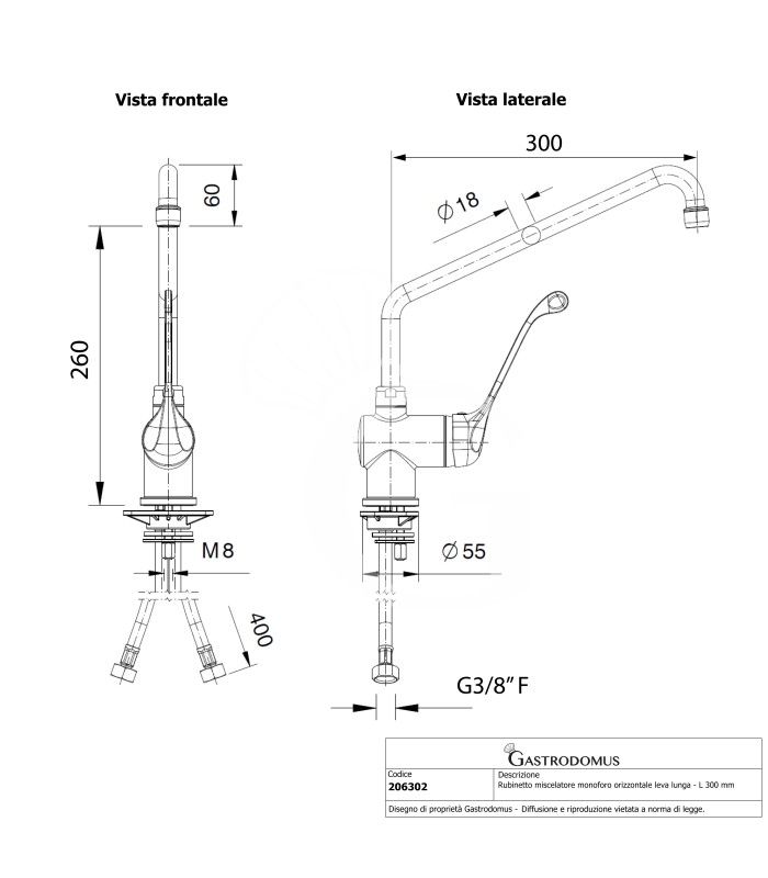Einloch, Mischbatterie, Schwenkhahn, Einhebelmischer, langer Hebel, Ø 18, B 300 mm