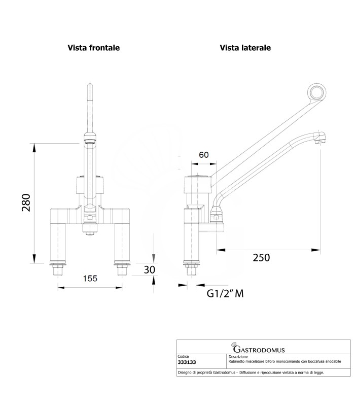 Zweiloch, Mischbatterie, Einhebelmischer, Schwenkhahn B 250 mm x H 290 mm