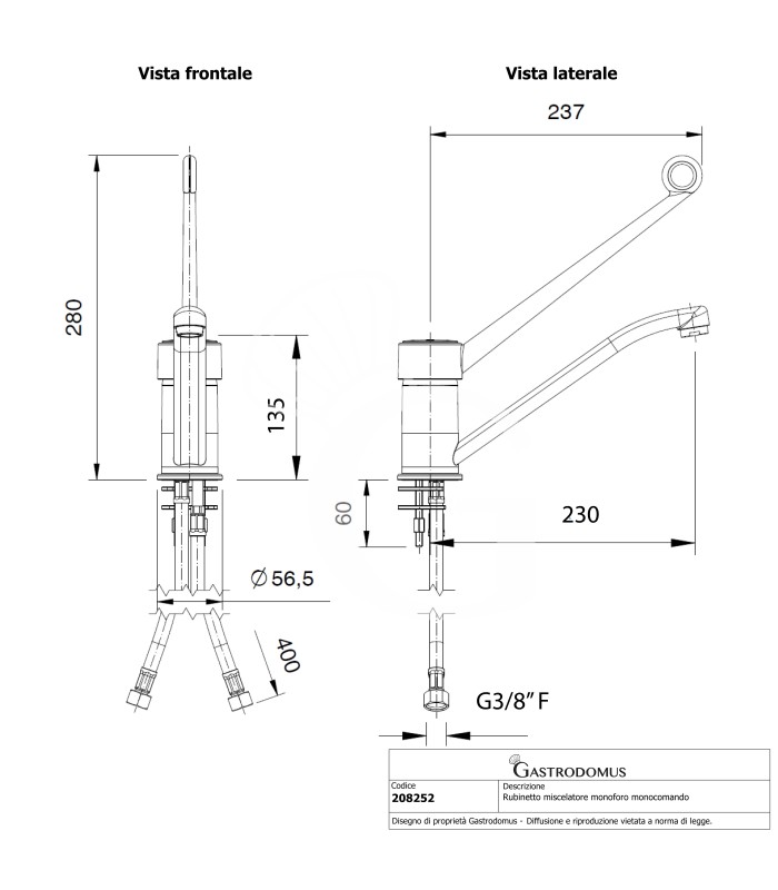 Einlocharmatur Mischbatterie mit Schwenkhahn und Ellenbogen-Bedienhebel, Auslauf 230 mm