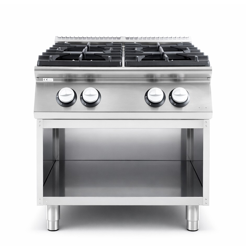 Professioneller Gasherd mit 4 Brenner und offenen Unterbau, Tiefe 900 mm