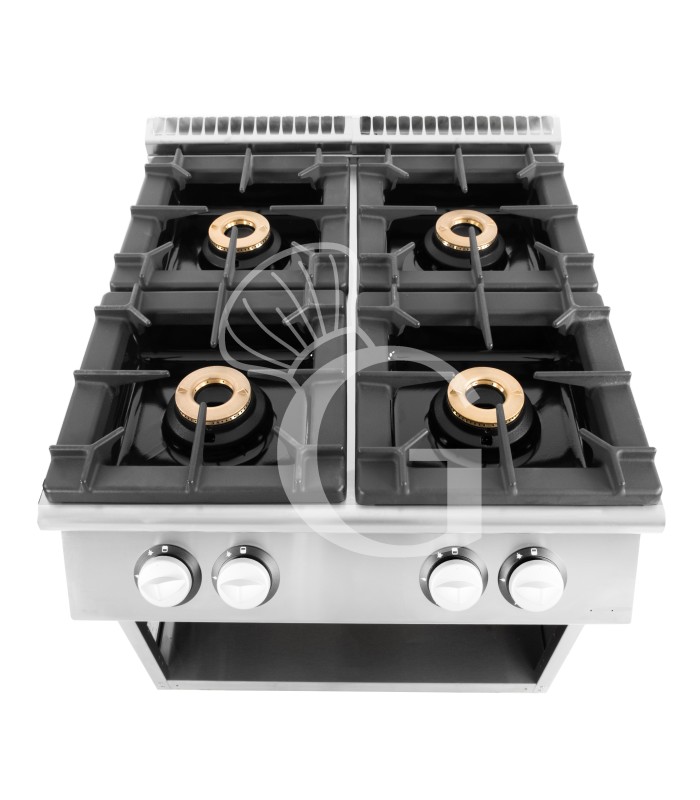 Professioneller Gasherd mit 4 Brenner und offenen Unterbau, Tiefe 900 mm