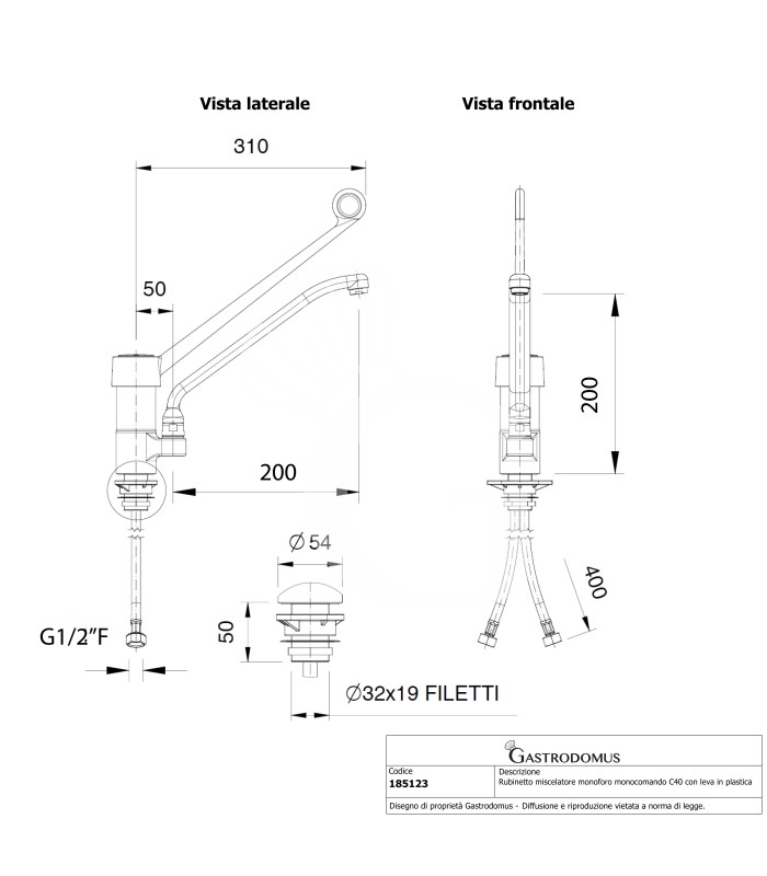Einloch, Mischbatterie, Schwenkhahn, Einhebelmischer, C40, Kunststoffhebel – B 250 mm